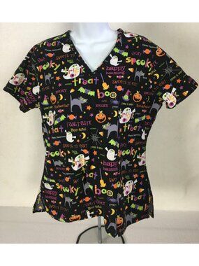 SB Scrub Top Women Size S Black w Ghost Spiders Pumpkins Cats Halloween Pockets